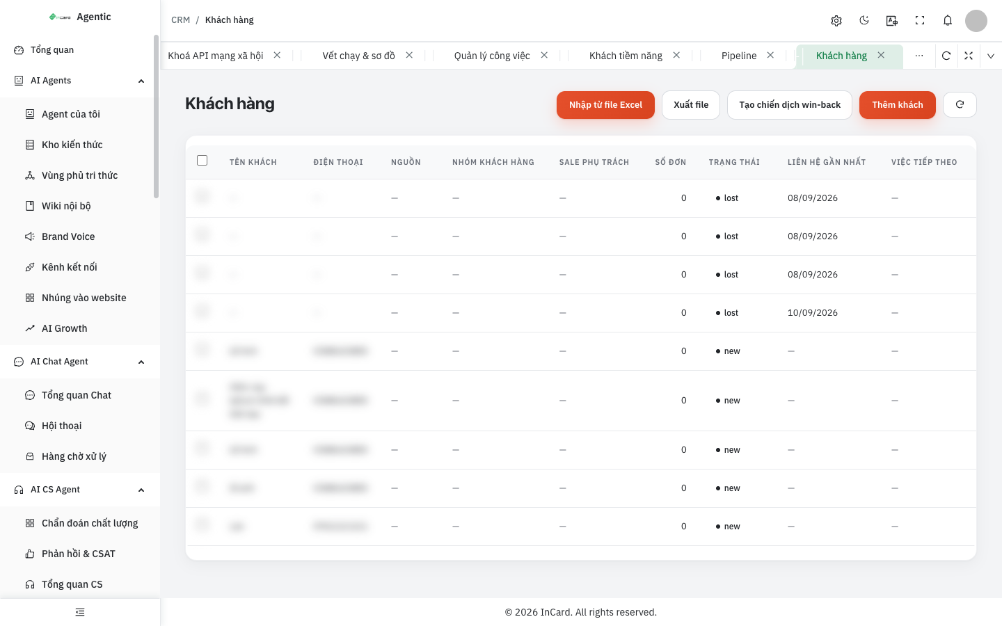 Màn Khách hàng với nút nhập từ file Excel, xuất file và tạo chiến dịch win-back