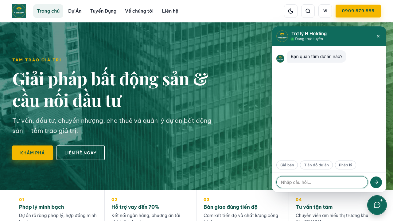 Trợ lý H Holding trên website bất động sản h-holding.vn với gợi ý giá bán, tiến độ, pháp lý