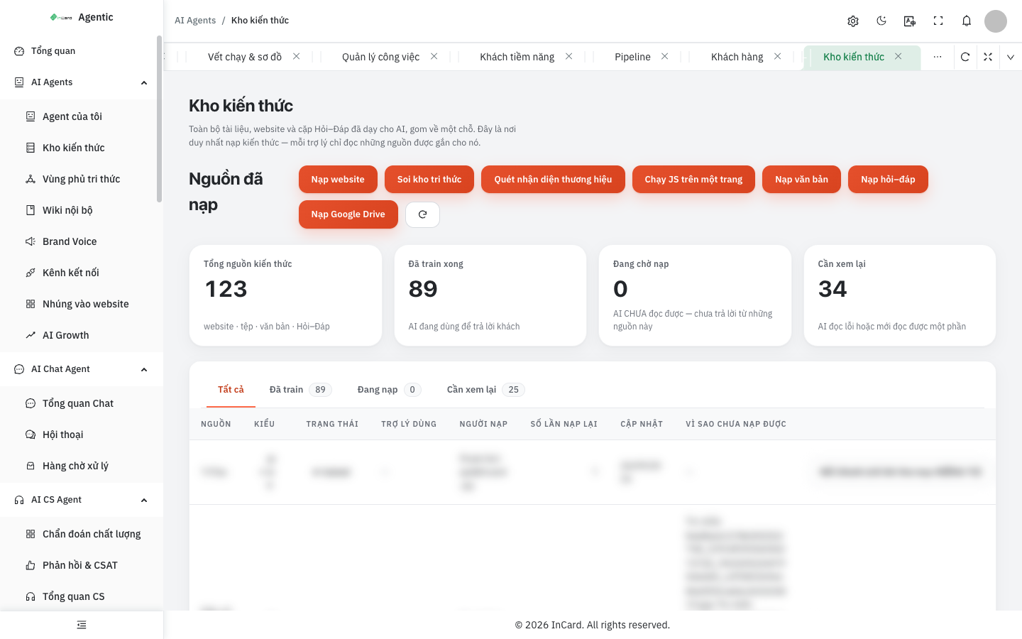 Màn Kho kiến thức: nạp website, văn bản, hỏi đáp, Google Drive và theo dõi trạng thái train