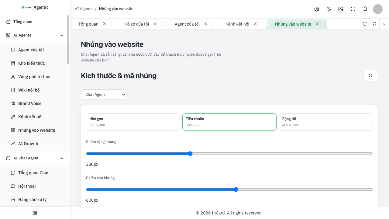 Màn Nhúng vào website: chọn kích thước khung chat và lấy mã nhúng