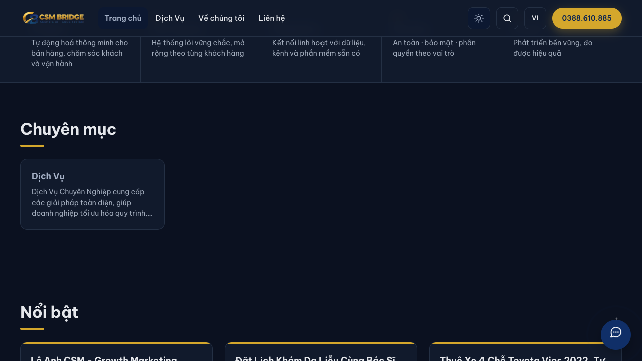 csmbridge.net ở chế độ tối với danh sách chuyên mục
