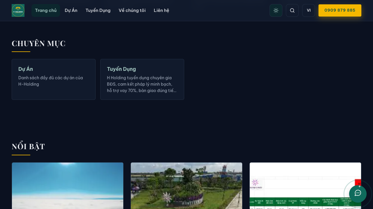 Website h-holding.vn ở chế độ tối với chuyên mục Dự án và Tuyển dụng